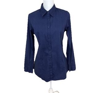 Le3No Womens Blue Button-Up Collared Polkadot Business Casual Preppy, Sz Large